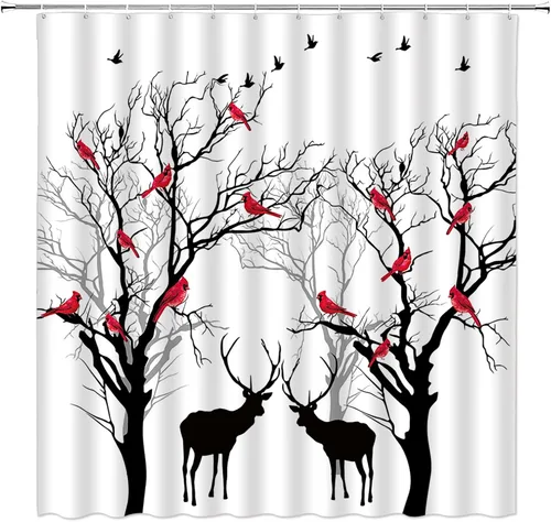 Cortina de ducha pequeña, árbol, pájaro, ciervo, bosque, cabaña de árbol, vida silvestre, naturaleza, escénico, rústico, invierno, vacaciones,