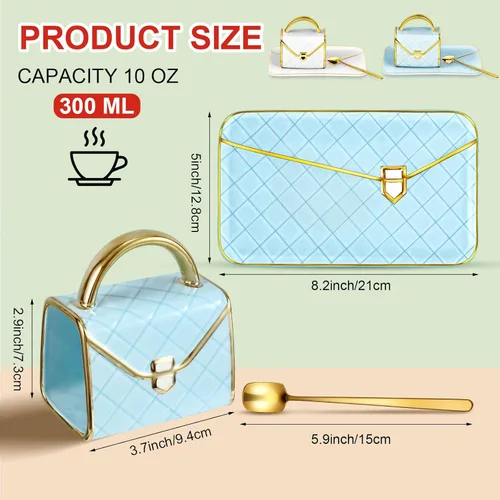 Miniatura 2 de Zubebe 2 juegos de tazas de café elegantes en forma de bolso, taza moderna de cerámica con cuchara y platillo, taza de té creativa de 10 onzas
