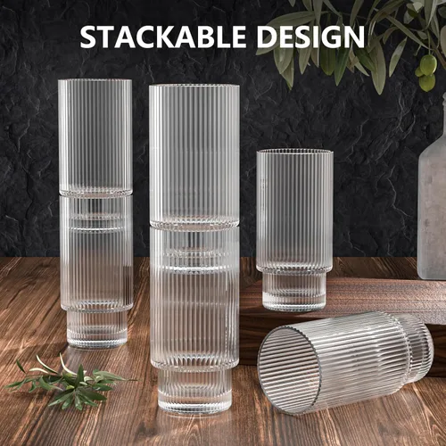 Miniatura 4 de CWHHRN Juego de 4 tazas de vidrio acanalado de 16 onzas con tapas y pajitas, cristalería vintage para whisky, cóctel, cerveza, tazas de café helado