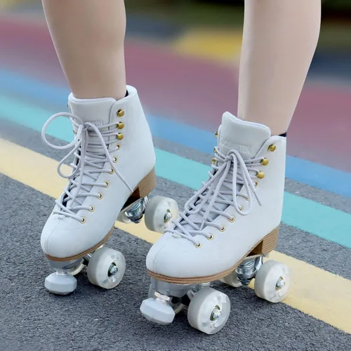 Miniatura 3 de Patines de ruedas para mujer o hombre con topes de goma ajustables en altura, patines retro de gamuza cuádruples para exteriores e interiores Gris