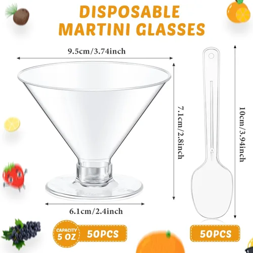Miniatura 2 de Yinkin 50 tazas y 50 cucharas, vasos de martini de plástico desechables, vasos de cóctel, mini tazas de martini de plástico, vasos shot de postre