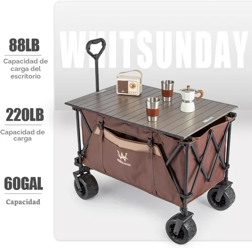Miniatura 3 de Whitsunday Carrito de playa de 440 libras con ruedas Terrian, carrito plegable para acampar con mesa de aluminio Marrón