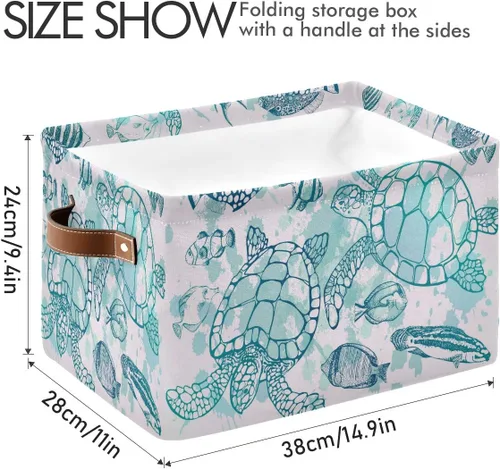 Miniatura 3 de Cesta de almacenamiento en cubo tropical con tortugas marinas y peces plegables grandes, caja de almacenamiento para juguetes, organizador