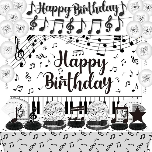 Decoraciones de fiesta musical, nota musical negra, pancarta de feliz cumpleaños, globos, notas, platos, servilletas, mantel, mesa de nido de abeja