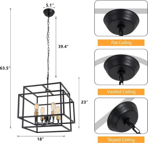 Miniatura 3 de Maxax Lámpara de araña cuadrada moderna, 4 luces colgantes de granja, para isla de cocina, comedor, dormitorio, sala de estar, acabado negro y dorado