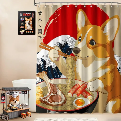 Miniatura 42 de Cortina de ducha estrecha con diseño de gato negro y animé japonés para casa rodante, juegos de decoración de baño, tela impermeable con ganchos, 36
