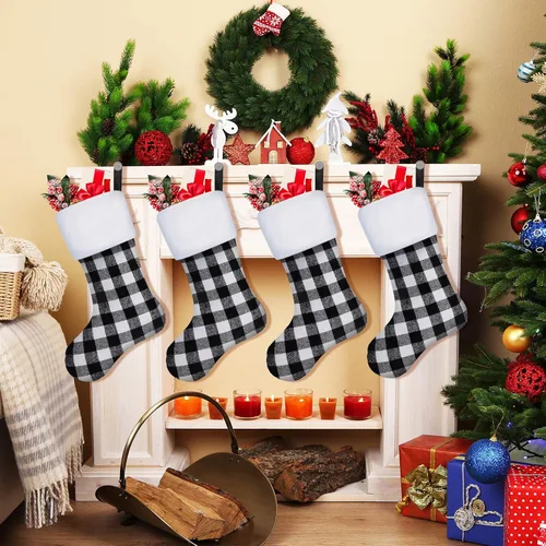 Miniatura 5 de Skylety - Calcetines de Navidad de 20” con tela a cuadros, piel sintética, para colgar en chimeneas, fiestas de Navidad en familia