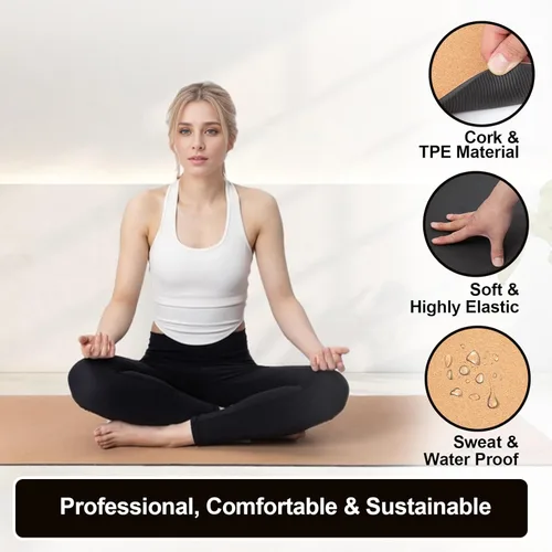 Miniatura 4 de StrongTek Esterilla de yoga de corcho ecológico, 7mm de espesor, 183 x 61 cm, corcho+TPE, 0.9 kg, antideslizante, ligera y acolchada para yoga