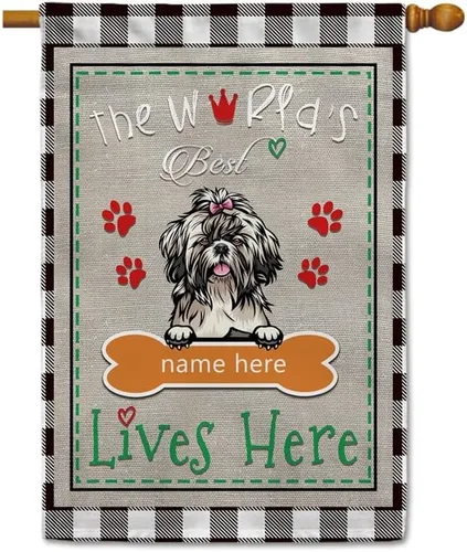 Miniatura 17 de The World's Best Dog Garden Flag Saint Bernard Dog Lives Here Bone Paw Buffalo Plaid Check 12.5x18 pulgadas Decoración exterior de patio de doble