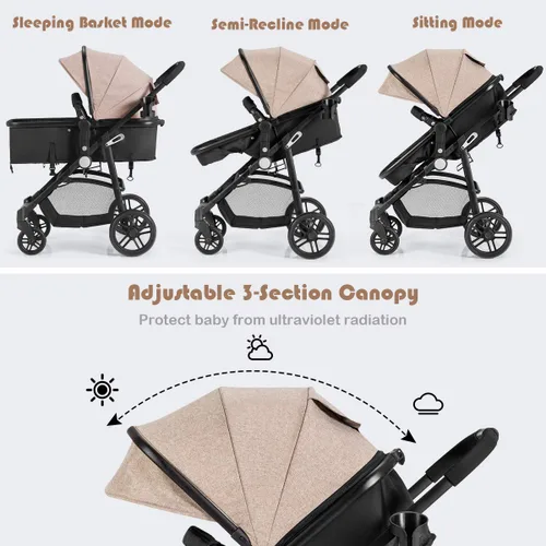 Miniatura 3 de BABY JOY Cochecito de bebé, cuna convertible 2 en 1 a cochecito, silla de paseo con funda para pies, soporte para tazas, gran espacio de Café claro