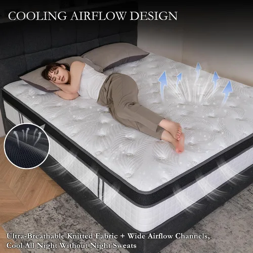 Miniatura 4 de Colchón tamaño individual mediano de 12 pulgadas de gel refrescante de espuma viscoelástica híbrida de 7 zonas, cama en una caja, funda