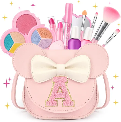 Miniatura 41 de Kit de maquillaje para niñas – Juego de maquillaje lavable real de 15 piezas – Cosmético no tóxico para niños pequeños con bolso de letras – Regalos
