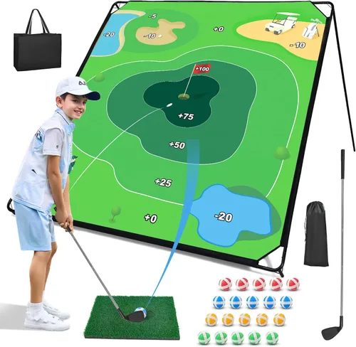 Liberry Juego de astillado de golf con alfombrilla de astillado grande, 2 palos ajustables, 20 bolas adhesivas, juguete de entrenamiento deportivo