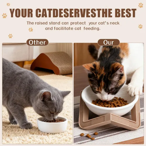 Miniatura 3 de 2 cuencos elevados para gatos, platos de cerámica de acero inoxidable de 5.1 pulgadas, para alimentación de mascotas, cuenco de agua inclinado