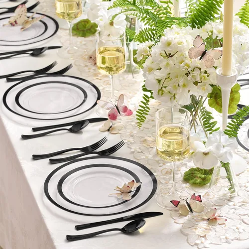 Miniatura 5 de By Madee HEAVYweight - Juego de 150 platos y utensilios de plástico transparente y negro, juegos de vajilla de plástico elegante con regalo de claro