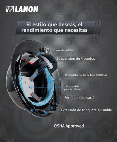 Miniatura 2 de LANON Casco duro de ala completa, aprobado por OSHA para trabajos de construcción, diseño gris carbón de alta calidad, casco de seguridad FRP