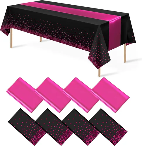 Miniatura 29 de 8 paquetes de manteles de plástico desechables y juego de camino de mesa de satén negro con dorado, mantel de satén dorado para graduación, boda