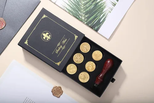 Miniatura 3 de Juego de caja de regalo de sellos de cera, 6 sellos de cera de sellado, sellos de cobre, 1 empuñadura de madera, kit de sellos de cera para sobres