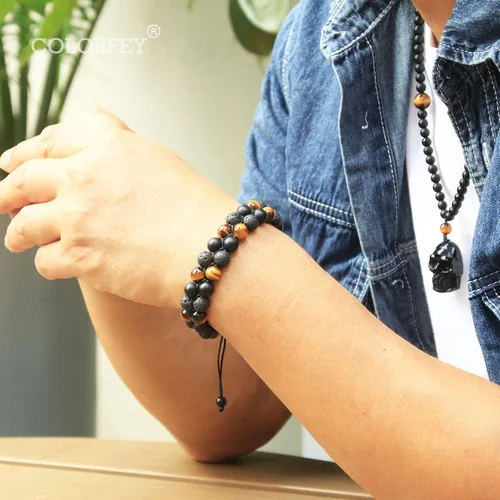 Miniatura 6 de Pulsera de triple protección para hombres y mujeres, auténtico ojo de tigre, ónix negro y roca de lava de 0.315 in, hecha a mano, pulsera de cuentas