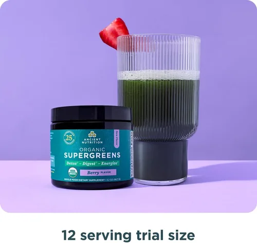 Miniatura 6 de Ancient Nutrition Polvo de SuperVerdes con probióticos, verduras verdes de sabor a bayas orgánicas, hecho de frutas reales, verduras y hierbas