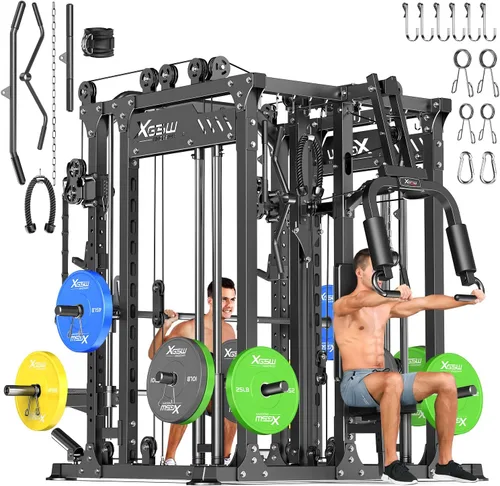 Miniatura 32 de Rack Multiusos para Sentadillas, Conjunto de Rack de Pesas Smith Machine con Sistema de Crossover de Cables, Racks de Potencia para Gimnasio en L04