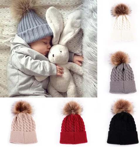 Miniatura 7 de oenbopo Baby Winter Warm Knit Hat Infant Toddler Kid Crochet Fur Hairball Beanie Cap