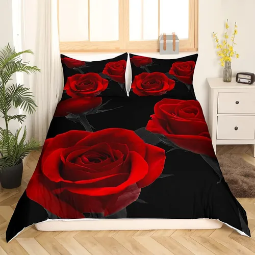 Miniatura 3 de Feelyou Juego de ropa de cama con rosas rojas, funda de edredón floral de lujo para niñas, mujeres, parejas, amantes, románticas, flores, funda