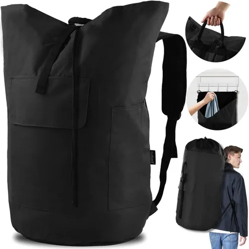 JOINPRO Mochila Bolsa de Lavandería, 125L, extra grande con correas para el hombro, diseño ajustable y extensible, cesta de 3 bolsillos para Negro