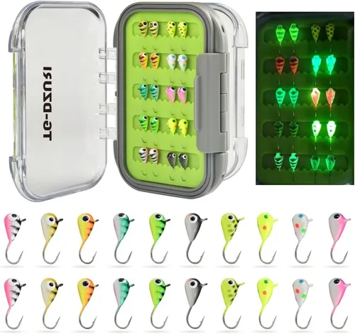 Miniatura 11 de Kit de Jigs de Pesca en Hielo de Tungsteno, 3.2/4/5mm Gota Lágrima que Brillan en la Oscuridad Señuelos Jigs de Pesca en Hielo con Caja de Jigs
