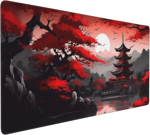 Miniatura 10 de Alfombrilla de mouse grande con diseño japonés de paisaje de edificios antiguos, alfombrilla de teclado para juegos extendida XXL, base de goma