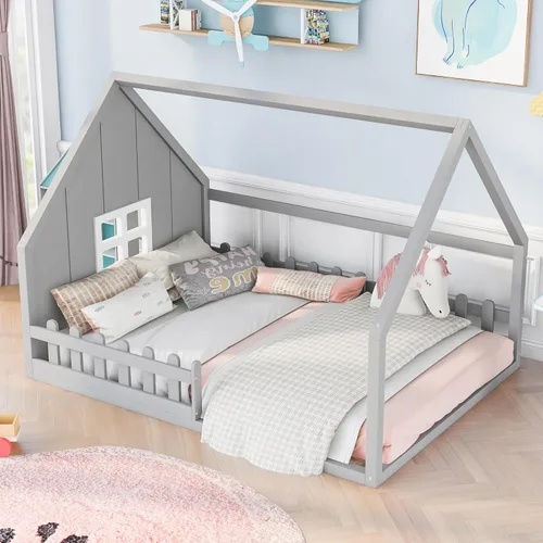 Miniatura 21 de Cama de madera de tamaño individual con dos cajones y techo, cama de plataforma con 2 cabeceros, para dormitorio de niños, adolescentes, niñas
