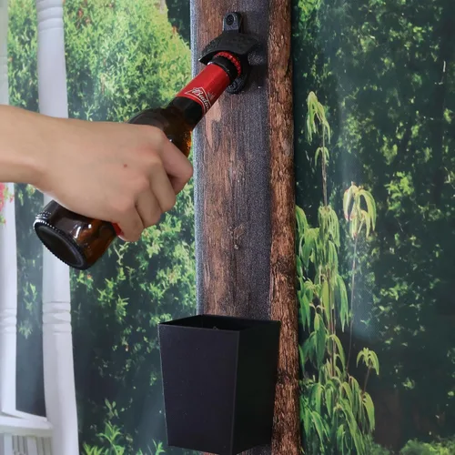 Miniatura 3 de Abridor de botellas de hierro fundido negro montado en la pared, abrebotellas de cerveza con receptor de tapa estrecho (3 abridores y 1 cubo)