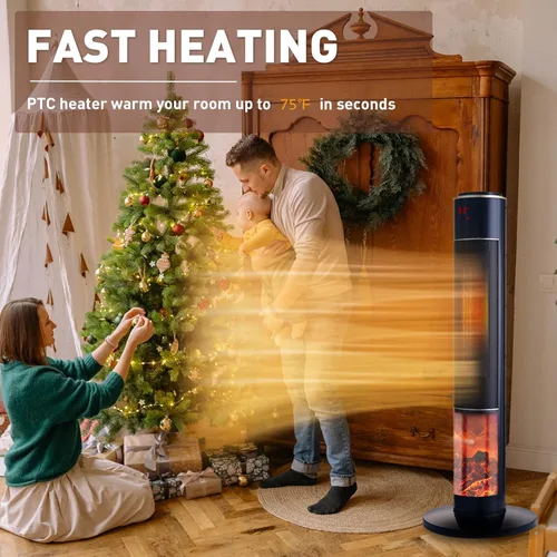 Miniatura 2 de Calentador de espacio eléctrico portátil para habitación grande de 37" con torre de cerámica, llama 3D para calefacción de habitación, oscilante