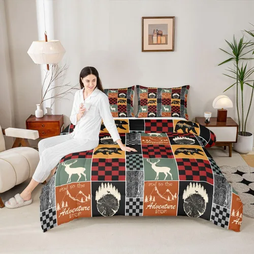 Miniatura 203 de Juego de edredón de oso y ciervo, tamaño individual, ropa de cama de animales salvajes de caza, colcha rústica de cabaña, casa de campo, cuadros