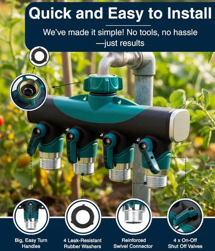 Miniatura 3 de DBR Tech® Divisor de manguera de 4 vías (durabilidad superior), conector de mangueras de jardín premium, válvula de agua resistente de 4 vías