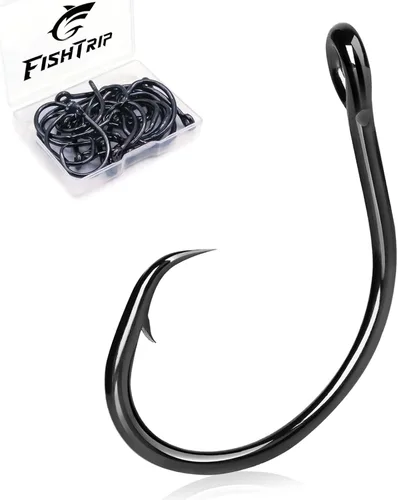 Anzuelos Circulares para Agua Salada, Anzuelos de Pesca en Línea 5X Fuertes para Bagre 25pcs, Negro/Acero de Alto Carbono/Sin Desplazamiento/Ojo