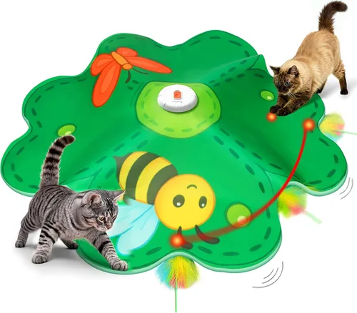 FEELNEEDY Juguetes recargables para gatos, juego interactivo de escondite 2 en 1, juguete de gato con punto LED rojo móvil, plumas ocultas, juguetes
