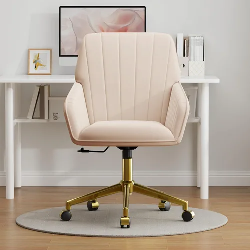 Miniatura 4 de YISHENG - Silla de escritorio de terciopelo con base dorada, con ruedas, silla de tocador tapizada moderna ajustable en altura, giratoria 360 grados