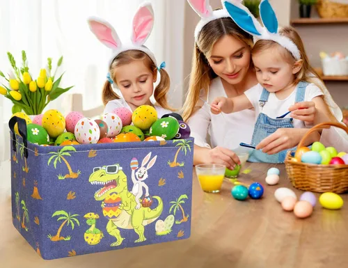 Miniatura 3 de Cestas de Pascua de dinosaurio grandes para niños, cesta de Pascua personalizada para bebé, color azul, decoración de primavera para niños