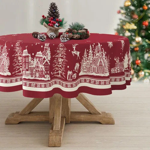 Miniatura 2 de Mantel redondo de Navidad de 60 x 60 pulgadas, mantel de Navidad con diseño de árbol de Navidad, alce, Papá Noel, copo de nieve, color rojo, Navidad