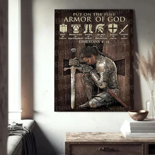 Miniatura 4 de Lienzo cristiano para pared, diseño de mujer guerrera de Dios, armadura de Dios, versículos bíblicos, pintura impresa en lienzo, decoración