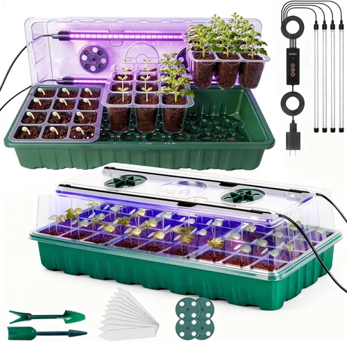 Bandeja para inicio de semillas con luz de crecimiento, paquete de 2, kit de germinación de semillas de 72 celdas con cúpula de humedad, bandejas