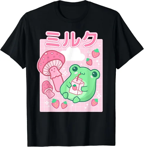 Linda camiseta estética Kawaii de los años 90 con diseño de rana y fresa, Negro -