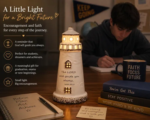 Miniatura 2 de DAILYBREAD Lámpara de faro cristiano, pequeña luz nocturna de cerámica con versículo de la Biblia, regalo de fe inspirador para niños, estudiantes