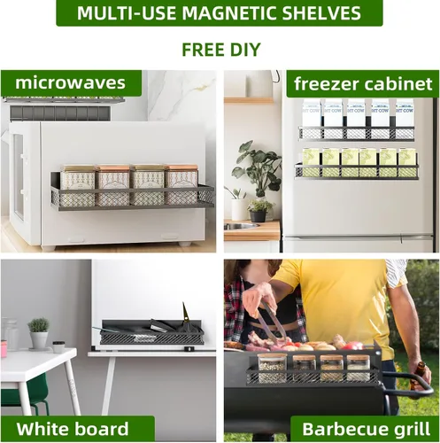 Miniatura 3 de Estante magnético para especias para refrigerador, paquete de 3 estantes magnéticos para refrigerador, cesta magnética móvil se utiliza para Negro