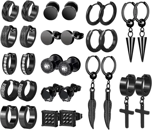 KWUNCCI Aretes para hombre, 15 pares de aretes de aro de acero inoxidable quirúrgico, aretes negros para hombres y mujeres, juego de aretes de aro