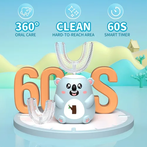 Miniatura 4 de Cepillo de dientes eléctrico en forma de U para niños, limpieza sónica automática de 360°, 6 modos, 4 cabezales de cepillo, bonito diseño de koala