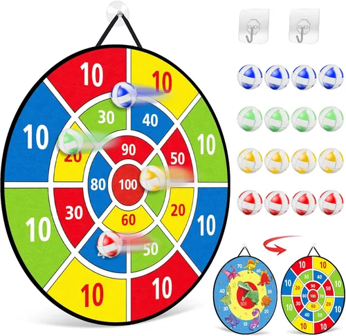 TOMYOU Tablero de dardos de 26 pulgadas para niños con 16 bolas adhesivas, tablero de dardos de dinosaurio de doble cara, juguetes de fiesta para