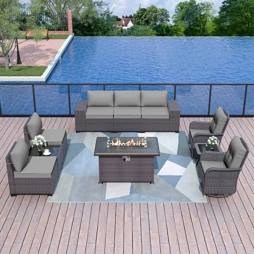 Miniatura 67 de Kurapika juego de muebles de patio 4 piezas de mimbre al aire libre, sillas de ratán, juego informal con mesa de café, juego de bistró con mecedora