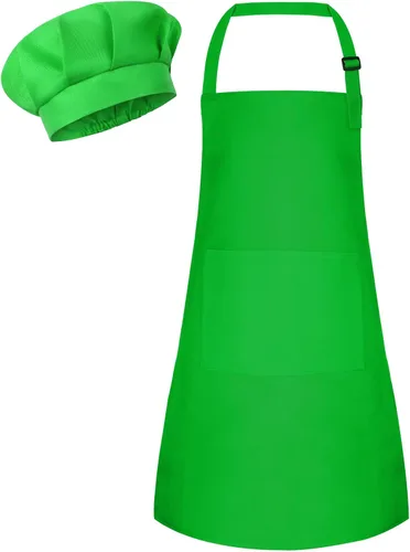 Miniatura 9 de Conjunto de Delantal y Gorro de Chef para Niños, Delantal Infantil Ajustable con 2 Bolsillos, para Niños Chef y Pintura, Cocinar, Hornear